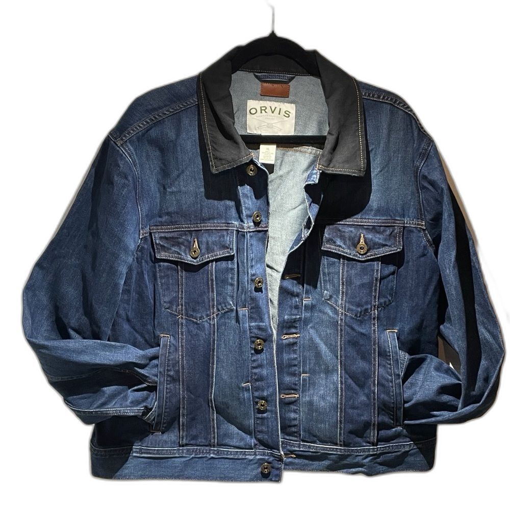 VINTAGE ORVIS DENIM BLUE JEAN JACKET BLACK COLLAR MEN XLARGE